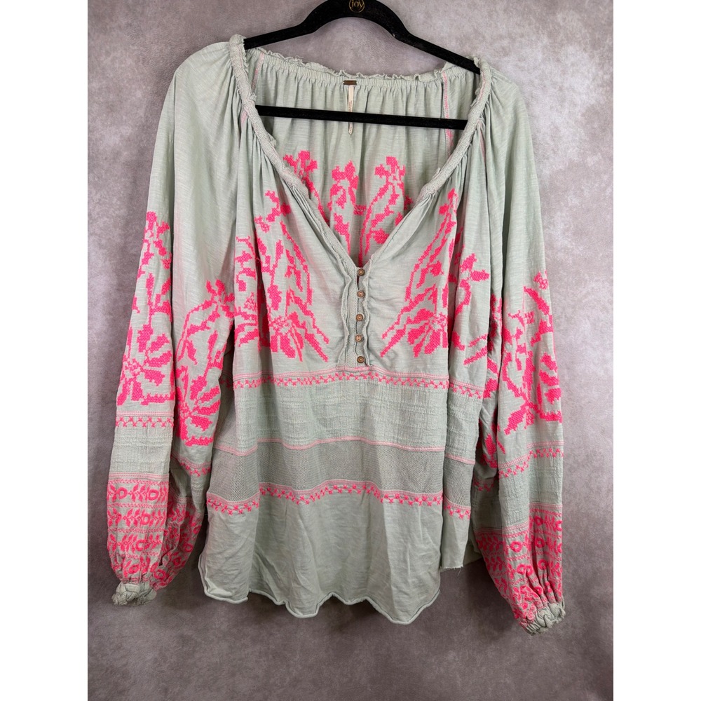 Free People Blouse Women Medium Green Pink Embroidered Boho Henley Peasant Top